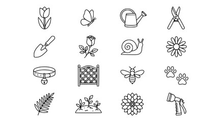 Gardening Icons Set: Flowers, Tools, Insects, Animals, Plants, and Watering Can © Dika