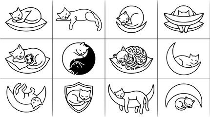 Cute Sleeping Cats Collection: Line Art Icons of Felines on Pillows, Moons, and Yin Yang © Dika