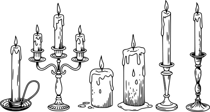 A collection of hand-drawn black and white featuring various lit candles and ornate candlesticks