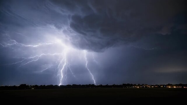 Bright lightning strikes across dark stormy clouds over distant city lights