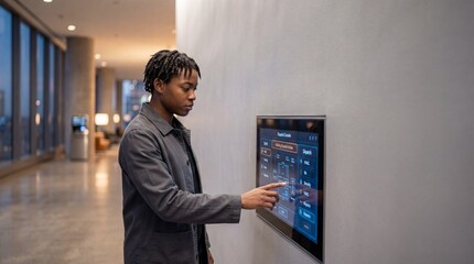 Fototapeta premium In a sleek, modern space, a young man interacts thoughtfully with a touch screen interface, exploring options and information, while city lights shimmer through expansive windows behind him.