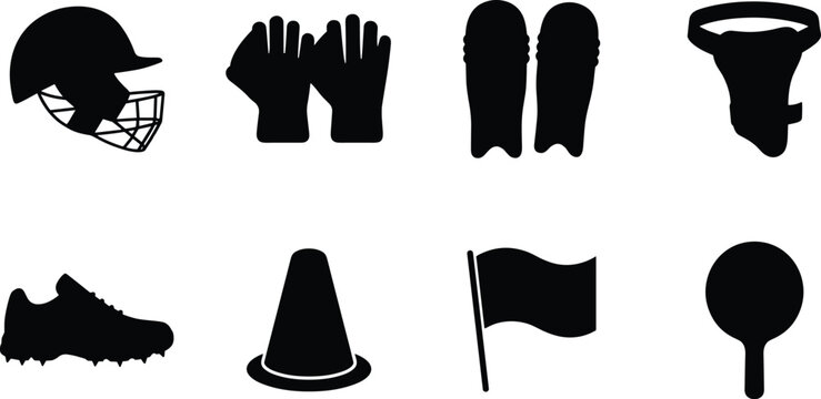 Sports Equipment Silhouette Icons Featuring Protective Gear and Training Tools