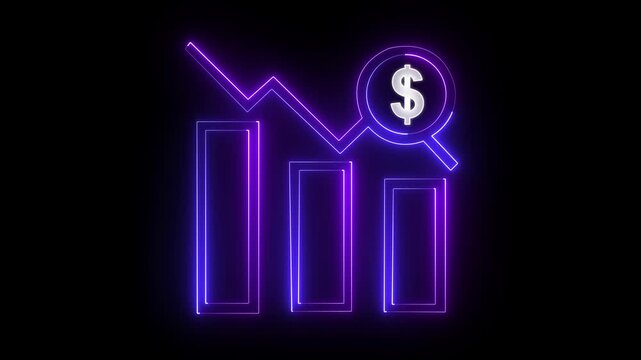 Neon Blue Bar Chart Falling Down with Dollar Sign and Arrow