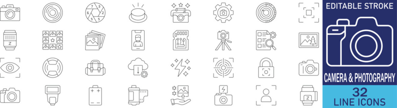 Camera and digital photography equipment line icon set. Vector symbols for studio photo shoot, video recording camera, lens aperture, lightning speed flash, and picture editing.