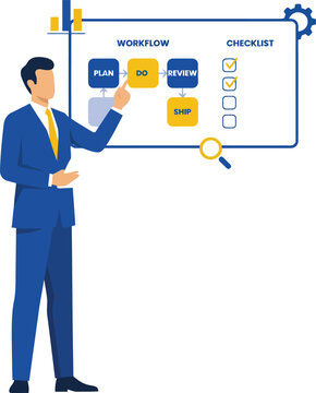 Business professional presenting workflow process and checklist on transparent board