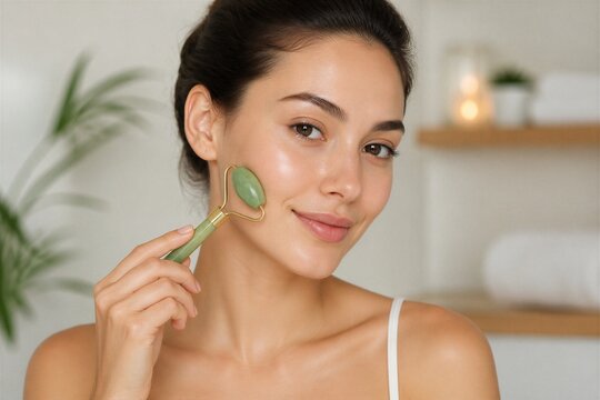 Young woman using jade facial roller in bright bathroom