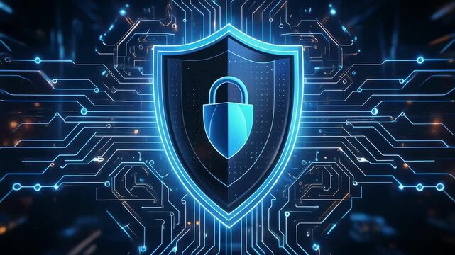 Digital shield with padlock on circuit board background