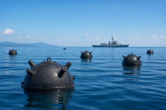 Naval mines floating near warship on calm open sea