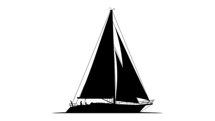 Silhouette of a Sailboat: A striking black silhouette of a modern sailboat with full sails, gliding gracefully across the water under a clear sky. © Abu
