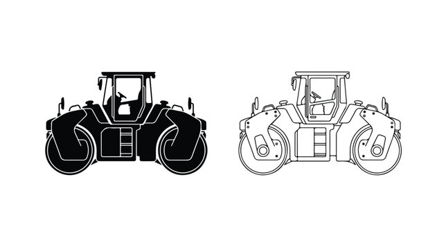 Road roller vector icons, heavy construction machinery silhouettes, industrial asphalt compactor line art, 2 elements for civil engineering design
