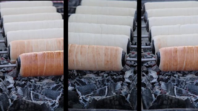 Preparation of the Hungarian traditional kurtos kalacs roasted over charcoal