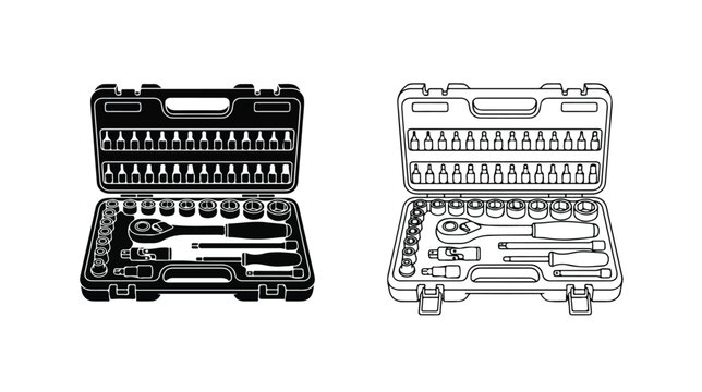 Professional mechanic tool box vector set, socket wrench kit in open plastic case, industrial hardware equipment icons for repair and maintenance