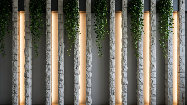 Modern interior architectural wall featuring elegant vertical stone pillar textures enhanced by warm accent lighting and lush cascading green vine foliage for sophisticated home decor.