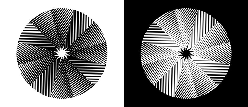 Circular rotating blade icon filled with parallel diagonal line segments converging at a central star point, resembling a turbine or camera aperture, in black on white and white on black.