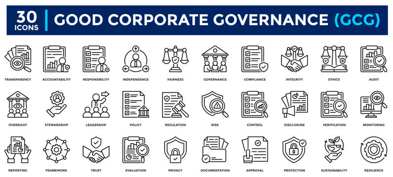 A collection of Good Corporate Governance (GCG) icons. Contains icons for transparency, accountability, responsibility, independence, fairness, compliance, sustainability, responsibility, control, reg