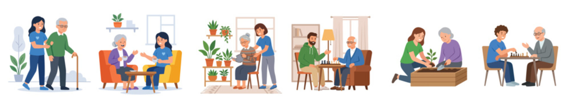 Compassionate elder care illustrations caregivers support seniors with daily activities, companionship, and social engagement for well-being