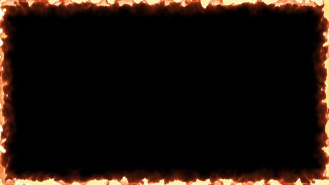 Glowing fire frame burning around dark rectangular border in a seamless loop, suitable for hot, fiery effects, or title backgrounds.