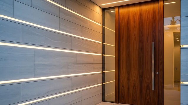 Contemporary architectural facade featuring a textured stone wall with integrated lighting fixture illuminating a premium wooden entrance door at dusk for a sophisticated luxury aesthetic.