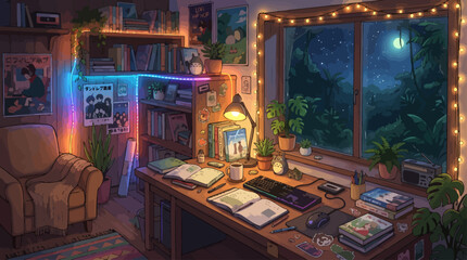 Bedroom Study Room Interior with Cozy Lo Fi Lights, Bookshelves, Desk Setup, Plants, and Starry Window Night Scene © G D Kajol