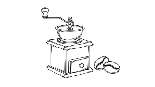Minimalist black and white line art illustration of a vintage manual coffee grinder hand crank mill featuring two aromatic roasted beans on a clean white background.