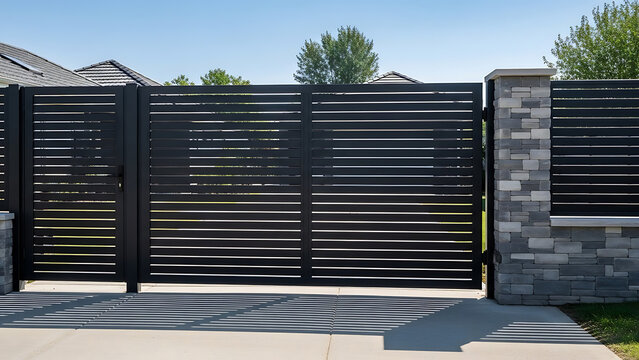 Modern architectural entrance featuring a stylish black metal gate integrated into a minimalist fence structure with natural stone masonry base elements for contemporary house security design.