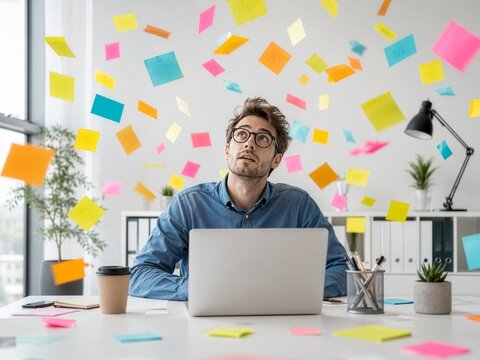 Overwhelmed Businessman Sitting Under Floating Sticky Notes