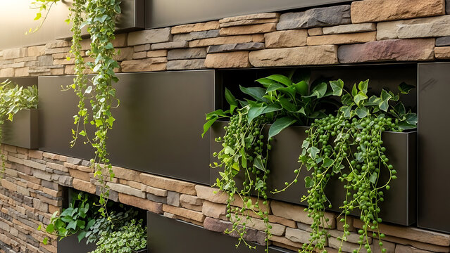 Modern architectural facade featuring a stone wall integrated with industrial metal panels and hanging planters where lush green foliage and cascading plants create a natural vertical garden.
