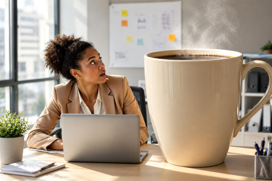 Surprised Office Worker looking at Oversized Coffee Cup