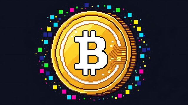 Vibrant pixel art illustration of a gold bitcoin cryptocurrency coin with retro digital aesthetics and nostalgic gaming graphics featuring neon colors and blocky aesthetic design.