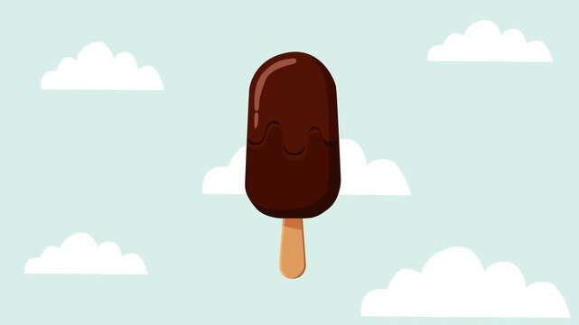 Delicious chocolate coated ice cream bar floating among soft clouds on a bright sky background. Perfect looping summer dessert animation for food promotions