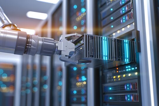 Robot arm installing server module in data center rack