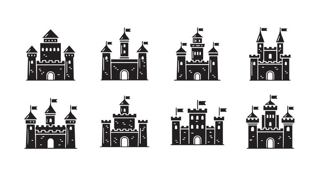Eight stylized castle silhouettes in a grid formation against a white background with simple flag details