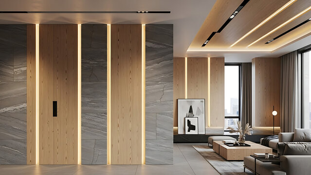 Modern interior design featuring sleek gray stone textured walls with vertical timber wood panels and integrated warm ambient lighting for a luxury architectural atmosphere