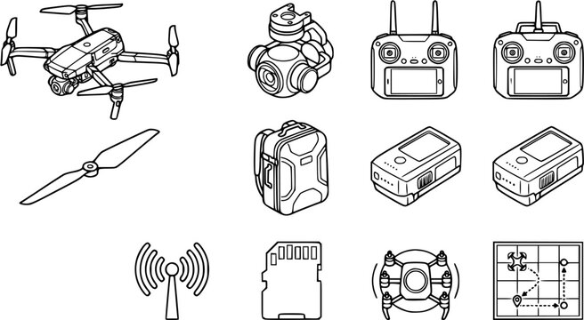 Technology Drone Line Art Outline Icons. UAV Aircraft, Remote Control, Propeller, Battery, Gimbal, SD Card, Signal, Flight Plan Vector Set.