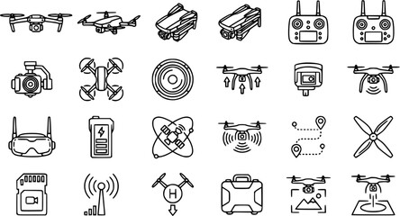 Drone Technology Icons: Line Art Collection of Drones, Controllers, and Accessories © pixraw