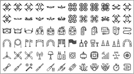Drone Technology and FPV Racing Outline Icons Set. Comprehensive collection of UAVs, quadcopters, accessories, controllers, race gates, and tools. © pixraw