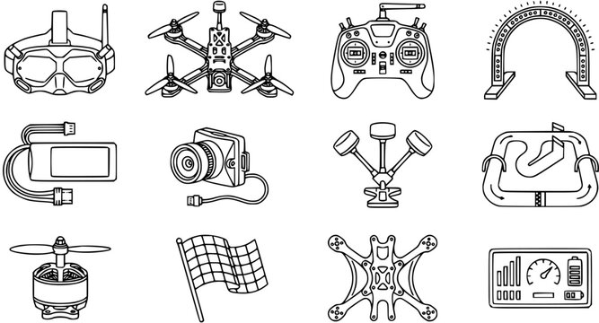 Black and White Line Art Icons Set for FPV Drone Racing Technology and Sports Hobbies, featuring Goggles, Drones, Controllers, Batteries, and Race Elements.
