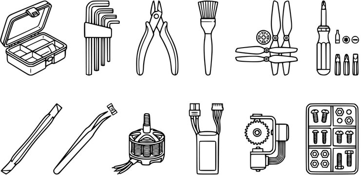 Drone Building and Repair Kit Tools and Electronic Components - Black  White Line Art Vector Icon Set for RC Hobbyists and DIY