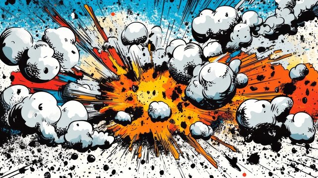 Dynamic comic book explosion illustration with vibrant colors and stylized smoke clouds graphic art design.