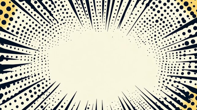 Retro comic book style background featuring dynamic sunburst rays and halftone dot pattern for action graphic design elements.