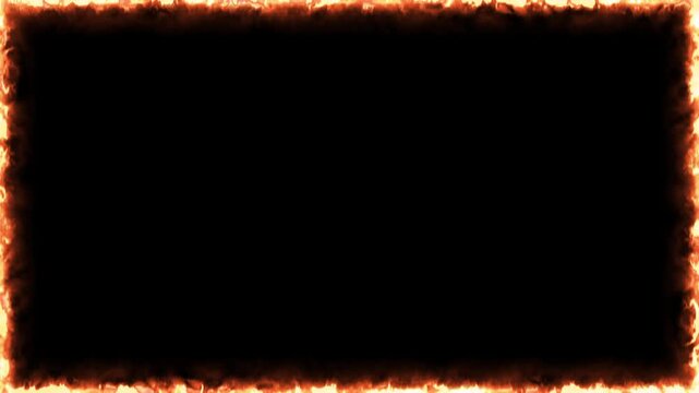 Fire framing overlay, orange blaze isolated on black background. Burning flame border motion graphics.