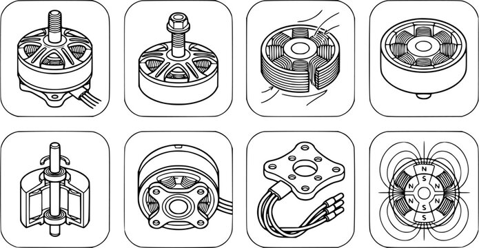 Black and White Line Art Set of Brushless DC Motors for Technology and Drones