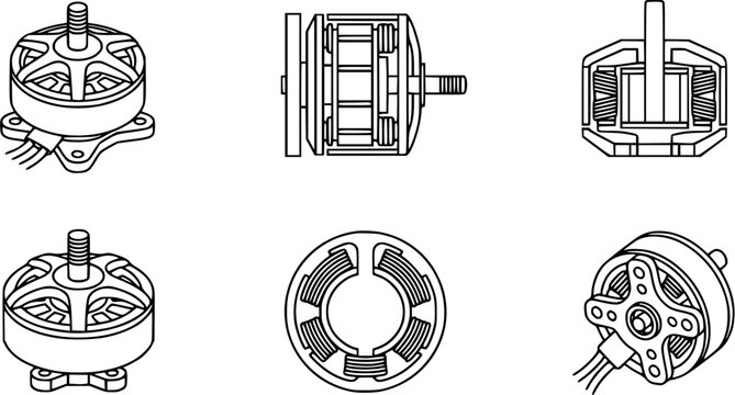 Robotics and Drone Technology Engineering: Brushless DC Electric Outrunner Motors Line Art Vector Illustration Set