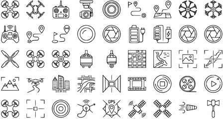Black and White Line Art Icons Set for Drone Technology and Aerial Photography © pixraw