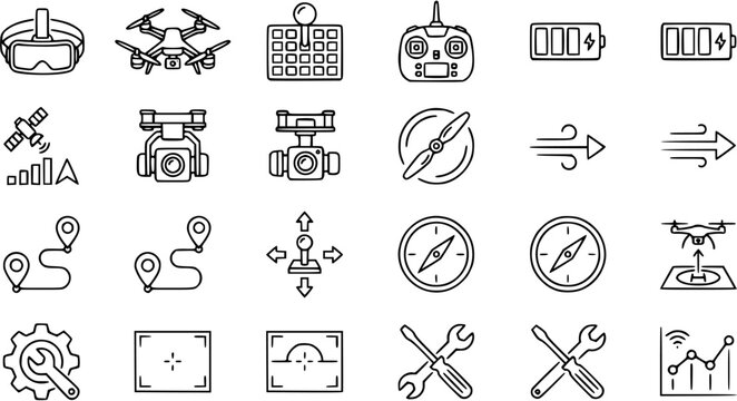 Drone Technology Icons: VR Goggles, Quadcopter, Remote, Battery, GPS, Propeller, Wind, Compass, Tools, Graph