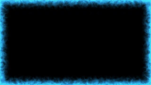 4K Rectangular blue frame on the edge, of the frame of blazing tongues of neon flame on a black background.