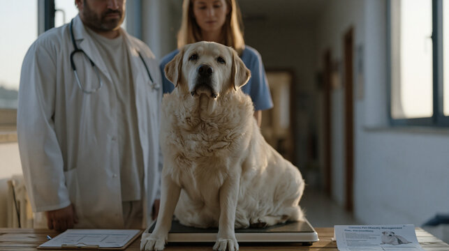 Veterinarian and vet tech stand beside a weight scale in a clinic hallway reviewing a body condition scoring chart, a visibly overweight Labrador sitting obediently on the scale