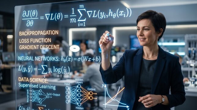 Professional educator writing artificial intelligence and machine learning equations on a transparent smart board in a futuristic STEM learning environment.