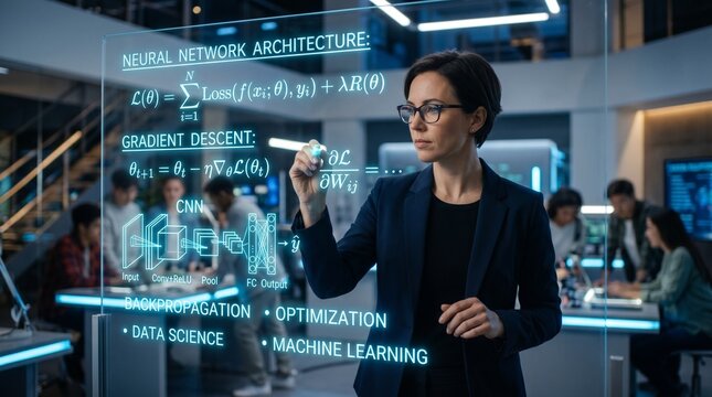 Professional educator writing artificial intelligence and machine learning equations on a transparent smart board in a futuristic STEM learning environment.