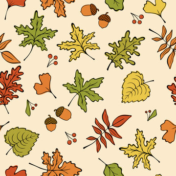 Seamless autumn leaves, acorns, and oak forest elements